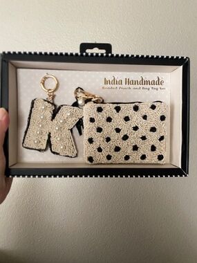 NIB India Handmade Beaded Pouch and Bag Tag Set Polka Dot "K"